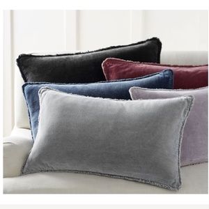 Pottery Barn Velvet Fringe Lumbar Pillow Cover in Stonewashed Gray